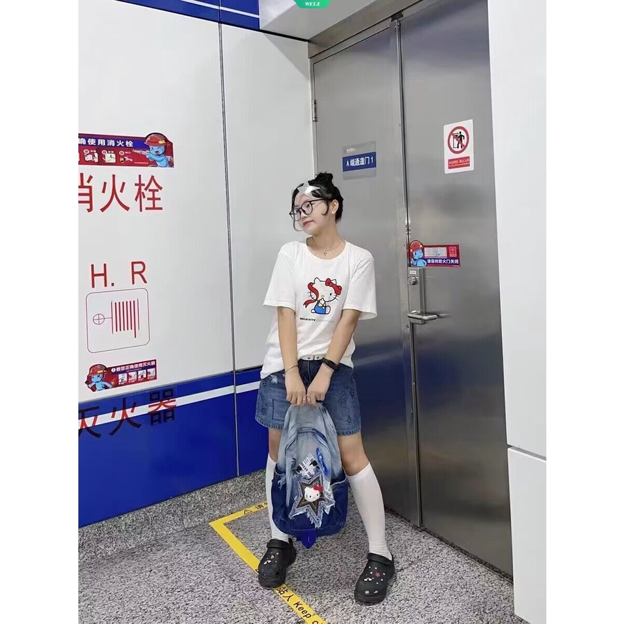 SANRIO Balo Đi Học Cỡ Lớn Chất Liệu Denim Họa Tiết Hello Kitty 2023