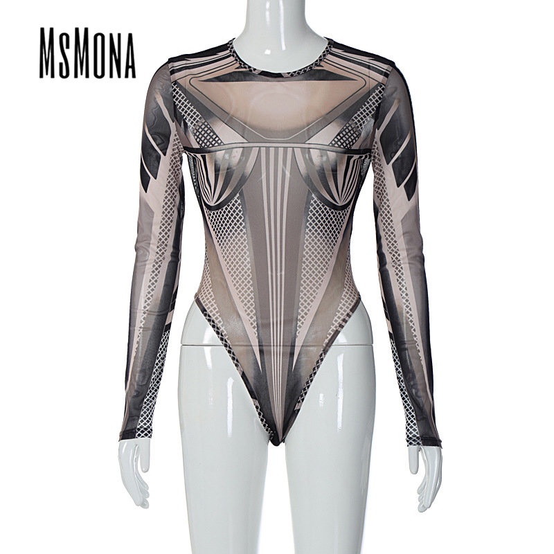 Bộ Áo Liền Quần Cổ Tròn Tay Dài Xuyên Thấu Phối Màu Tương Phản Thời Trang 2023 Cho Nữ