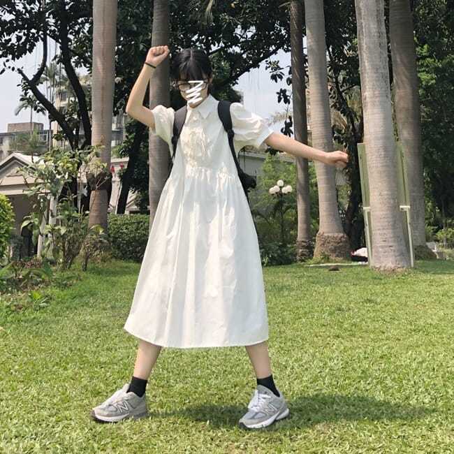 Đầm Midi Tay Ngắn Cổ Polo Dáng Chữ A Cột Nơ Phong Cách Nhật Bản Thời Trang Cho Nữ