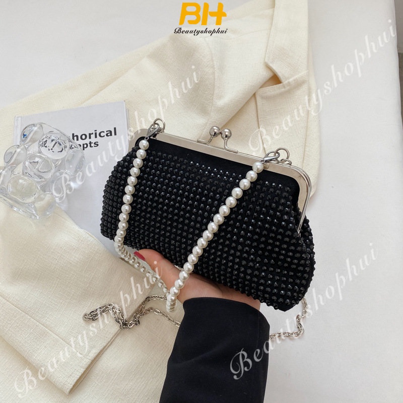 Túi Đeo Chéo Hình Vuông Nhỏ Quai Xích Kẹp Hạt Kim Cương Thời Trang Mới 2023