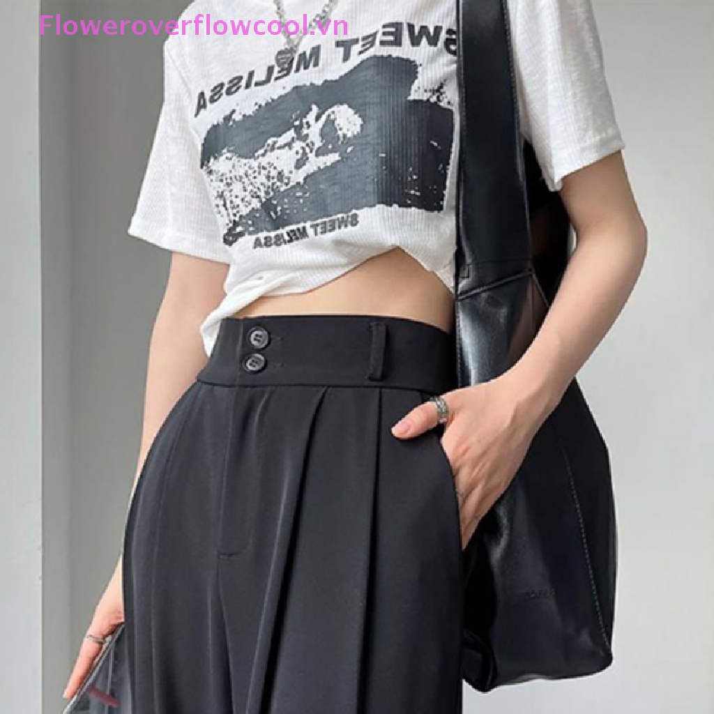 Quần Tây Đen Lưng Cao Ống Rộng Phong Cách Vintage Thanh Lịch Cho Nữ