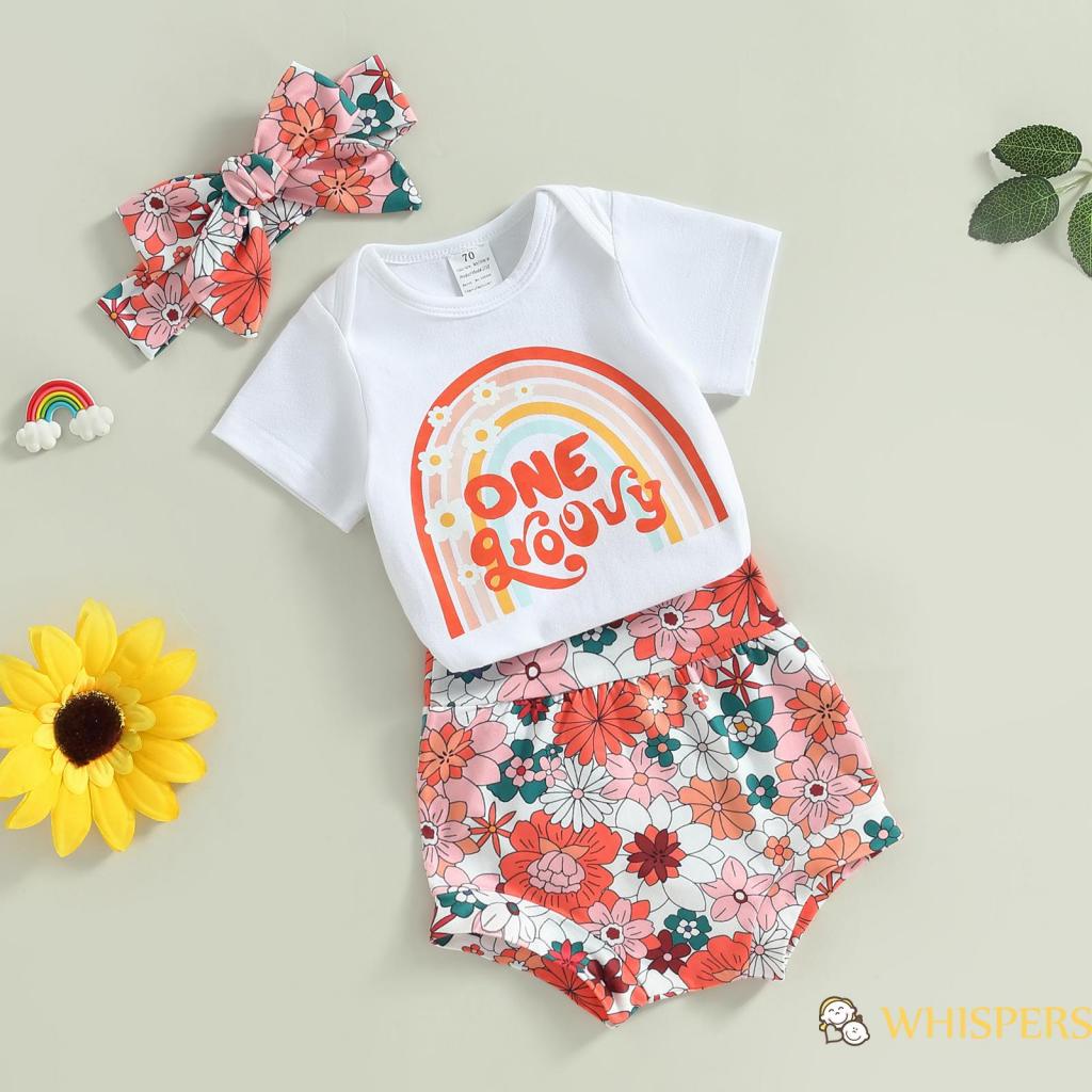 Bộ Áo Liền Quần Ngắn Tay In Họa Tiết Cầu Vồng Và Quần Short Hoa Co Giãn Thời Trang Mùa Hè Cho Bé