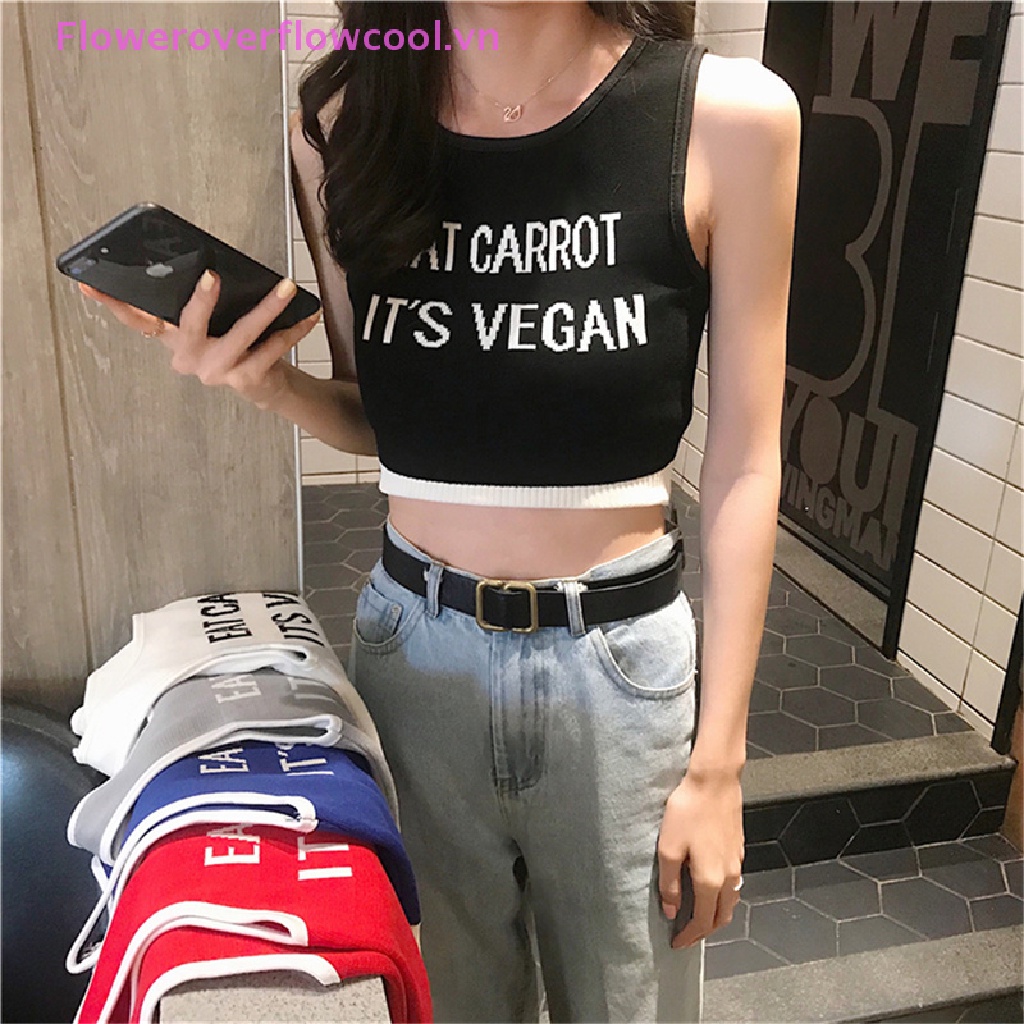 Áo Croptop Dệt Kim Sát Nách Cổ Tròn In Chữ Thời Trang Mùa Hè Cho Nữ