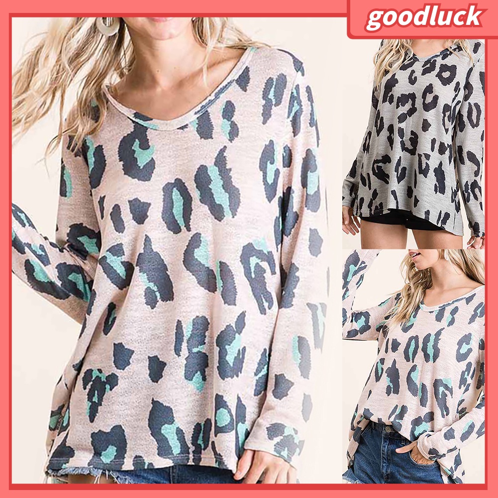 Áo Thun Tay Dài Cổ Chữ V In Họa Tiết Da Báo Dành Cho Nữ