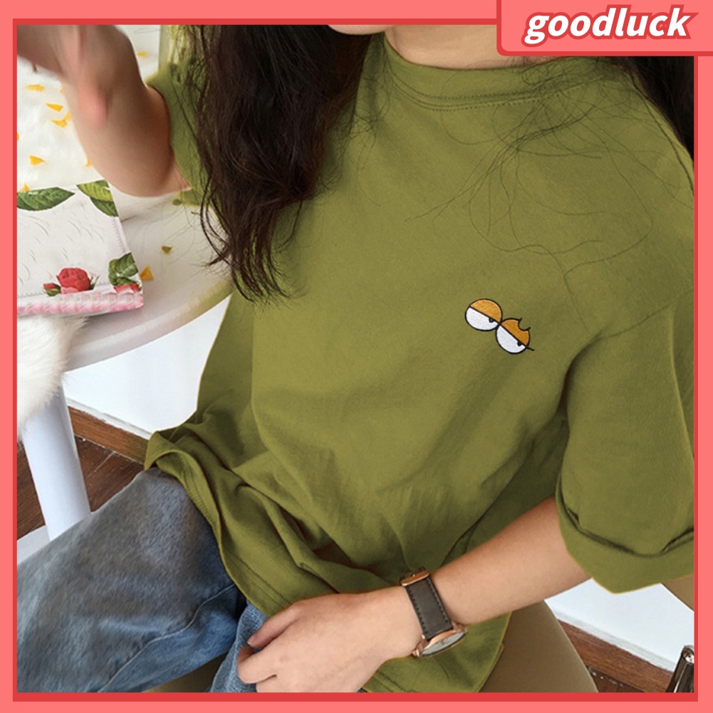 Áo Thun Tay Ngắn Cổ Tròn Thêu Họa Tiết Đôi Mắt Hoạt Hình Dành Cho Nữ