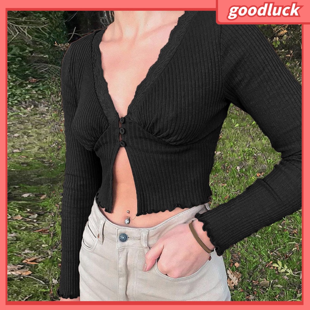 [ULK] Áo Crop Top Dệt Kim Tay Dài Cổ Chữ V Xẻ Sâu Viền Gân Gợi Cảm Cho Nữ