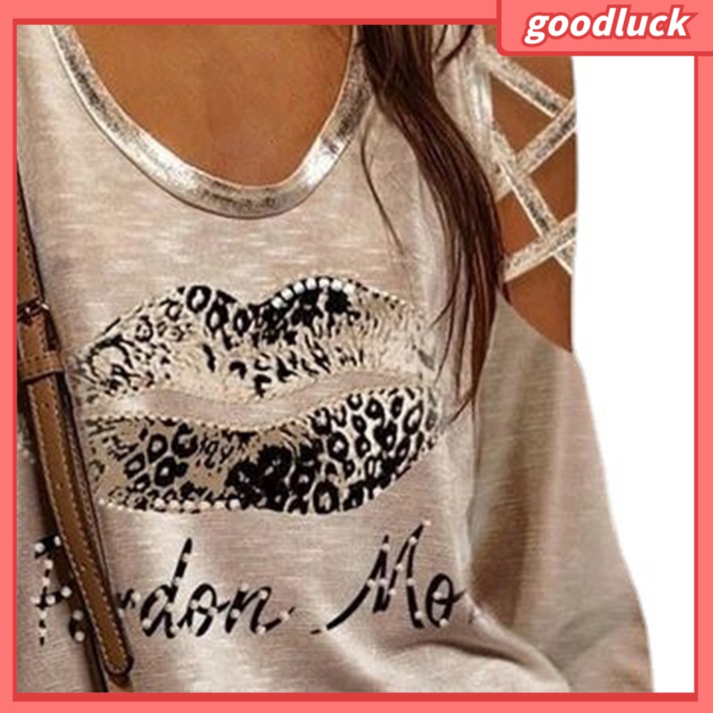 Áo Thun Cotton Pha Trộn Khoét Vai Tay Dài In Họa Tiết Đôi Môi Cho Nữ