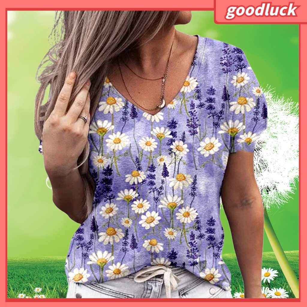 Áo Thun Tay Ngắn Cổ Chữ V In Họa Tiết Hoa Thoải Mái Thời Trang Cho Nữ