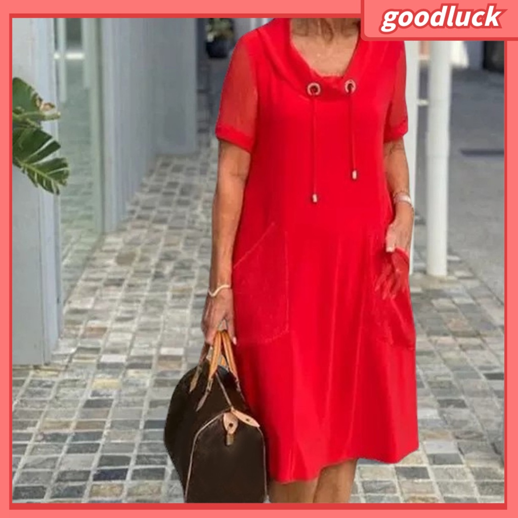 Đầm Tay Ngắn Cổ Tròn Phối Khăn Choàng Có Túi Màu Sắc Đơn Giản Thời Trang Mùa Hè Cho Nữ