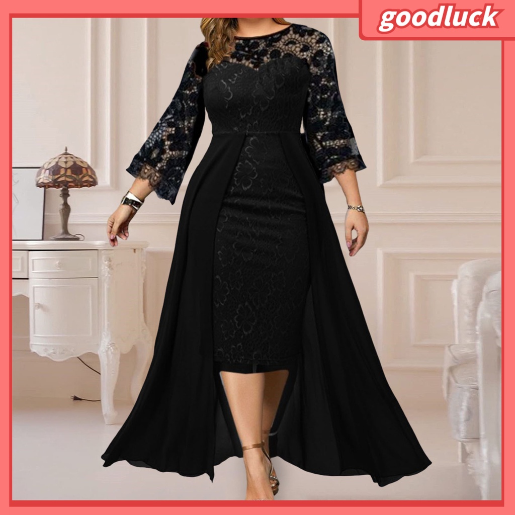 Đầm Ôm Dáng Tay 3 / 4 Cổ Tròn Phối Ren Lưới Xuyên Thấu Plus Size Cho Nữ