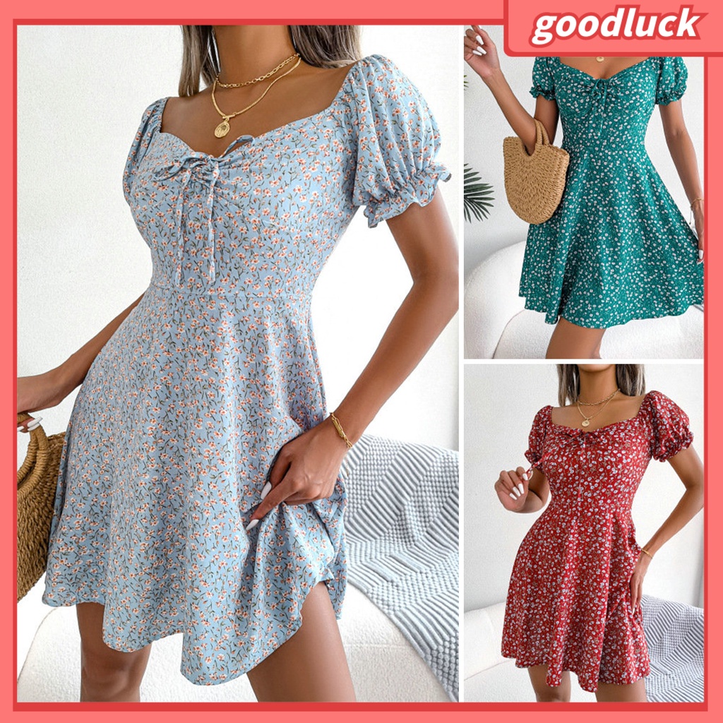 Đầm Tay Phồng Ngắn Cổ Vuông Eo Cao In Họa Tiết Hoa Xinh Xắn Thời Trang Cho Nữ