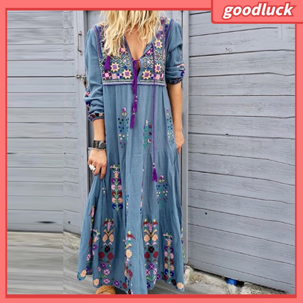 Đầm Dây Rút Dài Tay Cổ Chữ V In Họa Tiết Phong Cách Bohemian Dành Cho Nữ