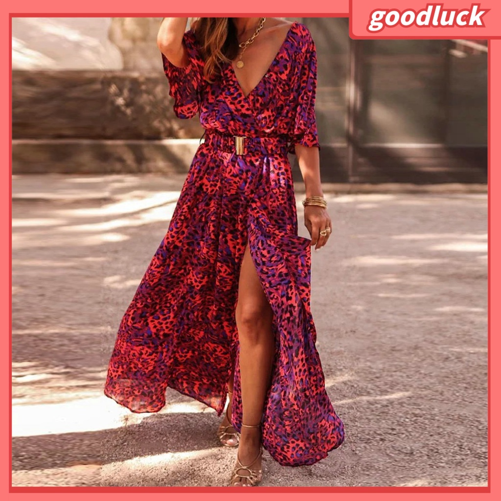 [ULK] Đầm Maxi Ôm Eo Tay Ngắn Cổ Chữ V Xẻ Tà In Họa Tiết Da Báo Phong Cách Vintage Mùa Xuân Hè Cho Nữ
