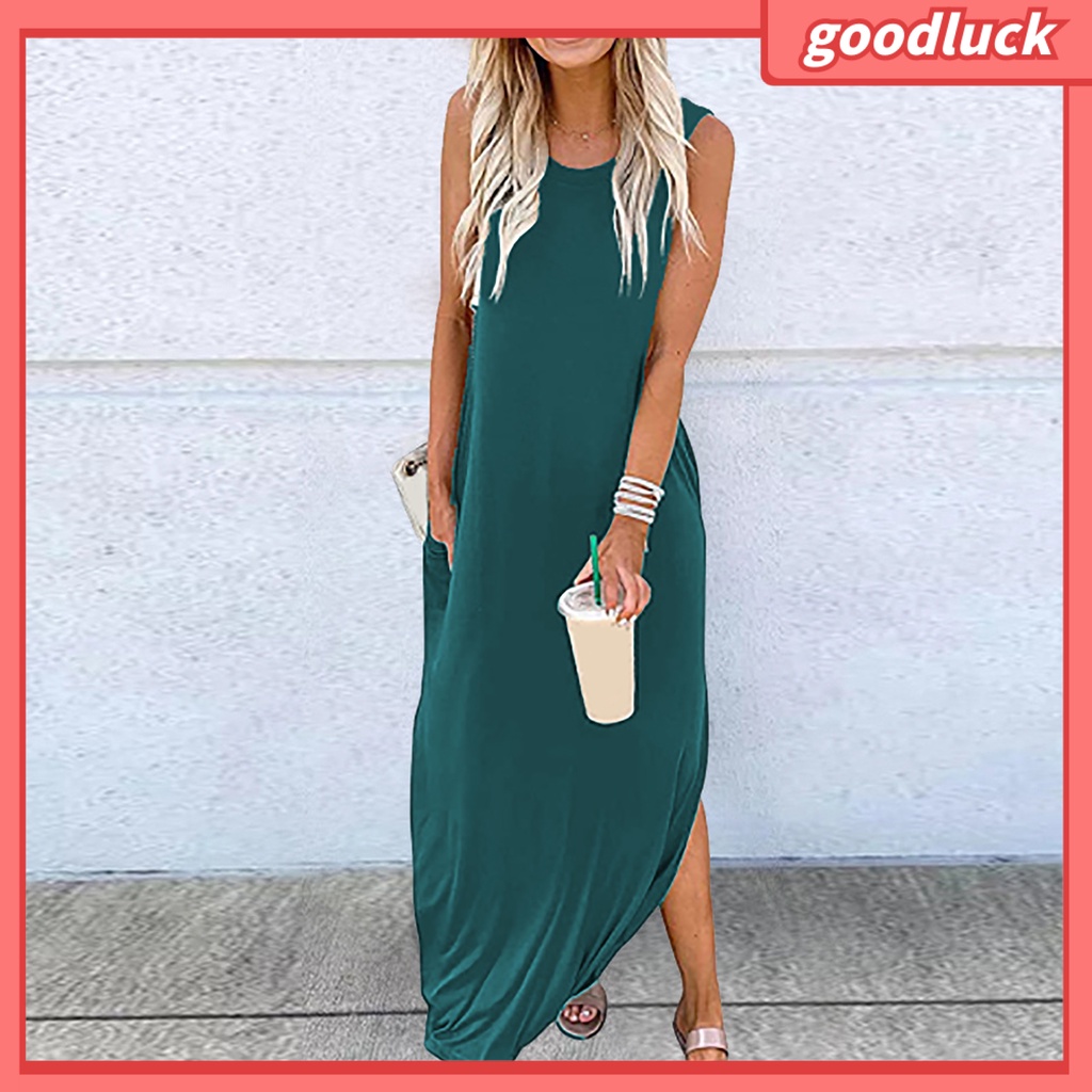 Đầm Sát Nách Cổ Tròn Dáng Rộng Màu Sắc Đơn Giản Thời Trang Mùa Hè Xinh Xắn Cho Nữ