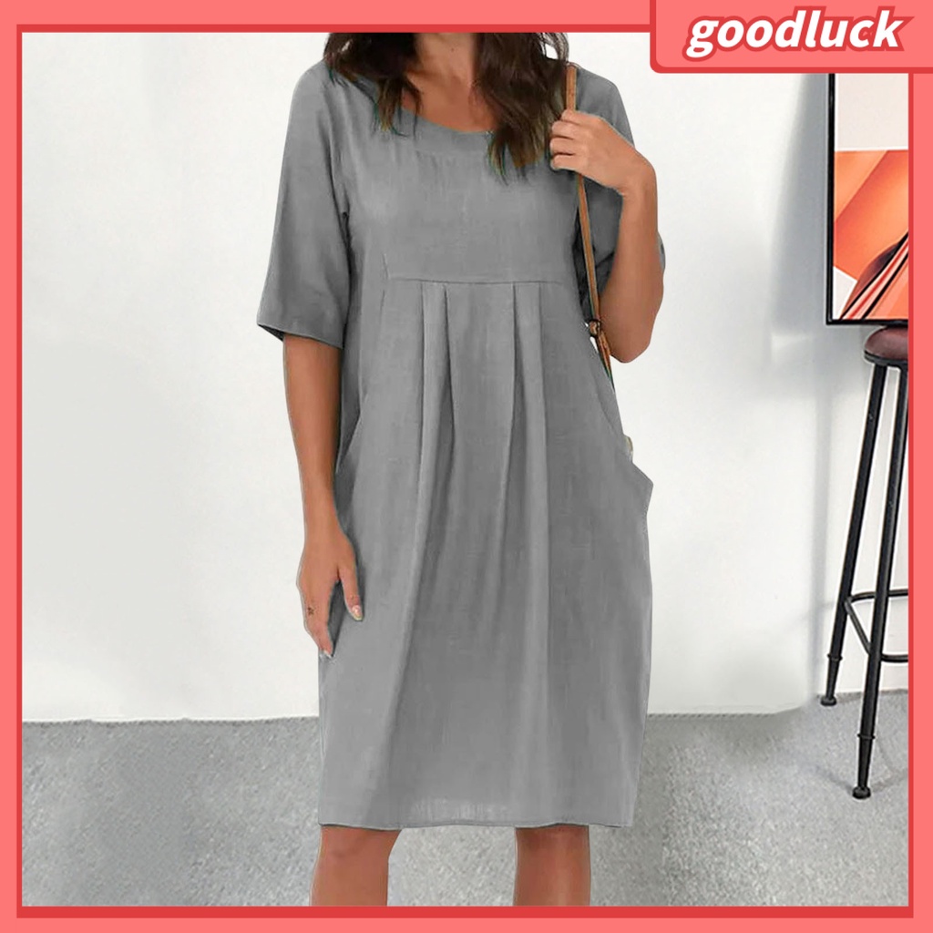 Đầm Cotton Lanh Ngắn Tay Cổ Tròn Dáng Rộng Màu Trơn Phối Túi Thanh Lịch Thời Trang Mùa Hè Cho Nữ