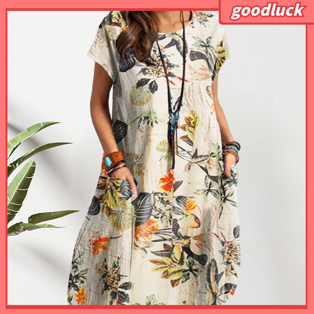 Đầm Cotton Pha Dáng Dài Cổ Tròn Tay Ngắn Phối Hai Túi Plus Size Thời Trang Đi Biển Mùa Hè Cho Nữ