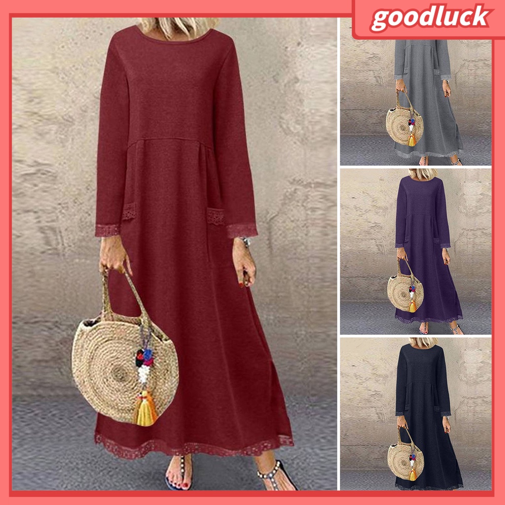 [GUC] Đầm Maxi Chữ A Dáng Rộng Dài Tay Hai Túi Xẻ Tà Đường Viền Ren Màu Trơn Có Đường Viền Lớn Cho Nữ