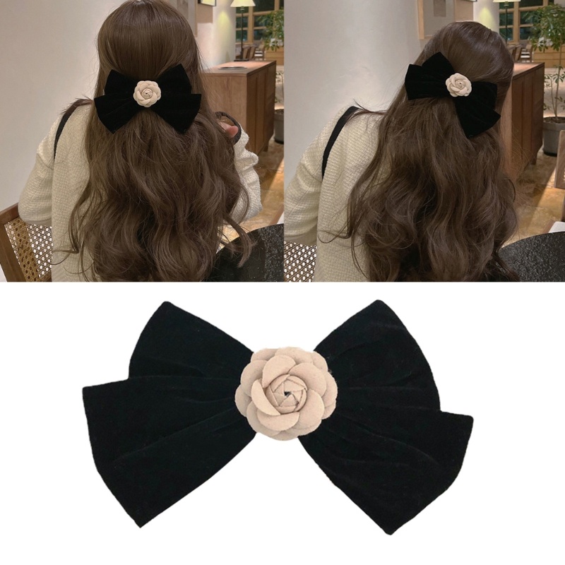 Kẹp Tóc Hình Nơ Vải Nhung Đính Hoa Trà Lớn