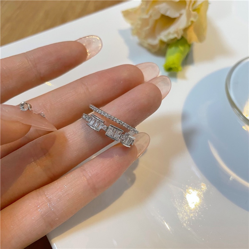 Nhẫn Hai Lớp Đính Đá Zircon Hình Vuông Lấp Lánh Dành Cho Nữ