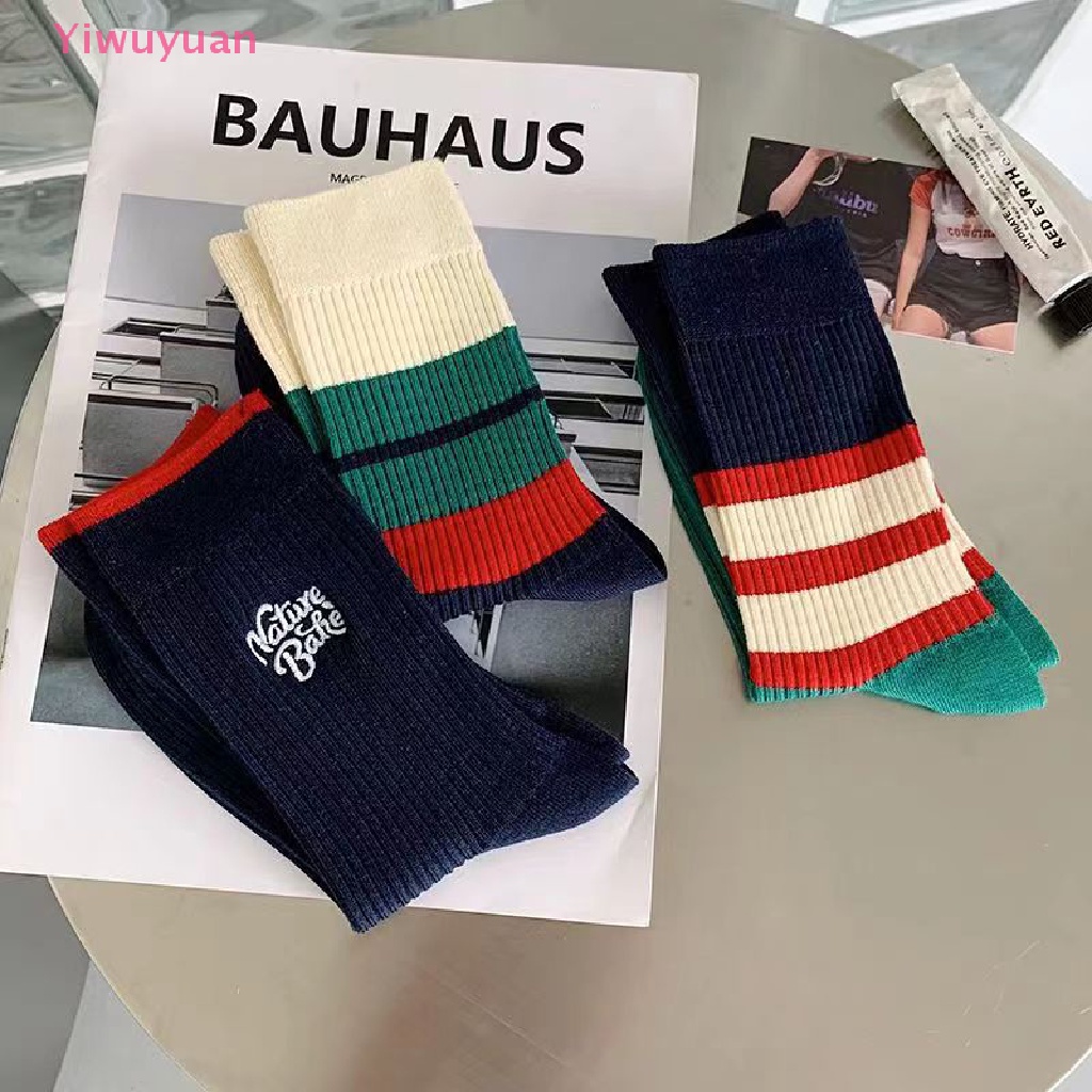 &lt; Yiwuyuan &gt; Vớ Thể Thao Cotton Mỏng Thoáng Khí Thêu Sọc Xanh Lá Thời Trang Hip Hop Đơn Giản Thoải Mái Cho Unisex / Trường Học /