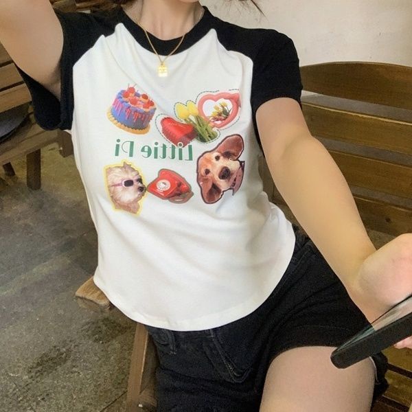Áo Thun Tay Ngắn Cổ Tròn Dáng Ôm In Họa Tiết Màu Tương Phản Thời Trang Mùa Hè Xinh Xắn Cho Nữ