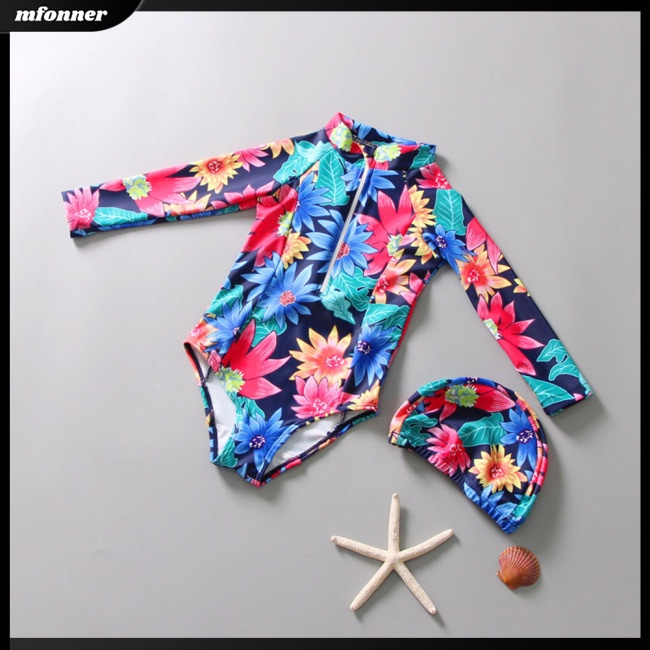 Bộ Đồ Bơi Một Mảnh Tay Dài Chống Nắng Kèm Mũ Bơi Họa Tiết Hoạt Hình Cho Bé Gái