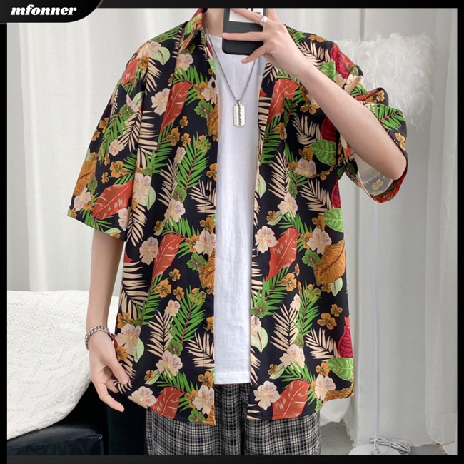 Áo Sơ Mi Cotton Pha Ngắn Tay Dáng Rộng In Họa Tiết Hoa Hợp Mùa Hè Cho Nam