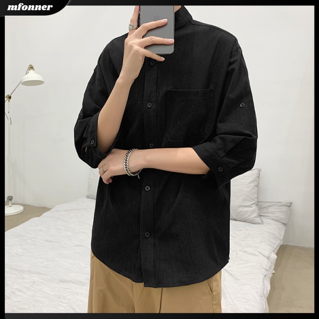 Áo Sơ Mi Vải Lanh Cổ Đứng Tay Ngắn Dáng Rộng Màu Trơn Thời Trang Cho Nam Giới