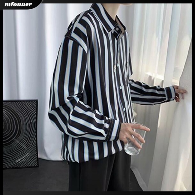Áo Sơ Mi Cotton Pha Mỏng Dáng Rộng Tay Dài Kẻ Sọc Cá Tính Cho Nam