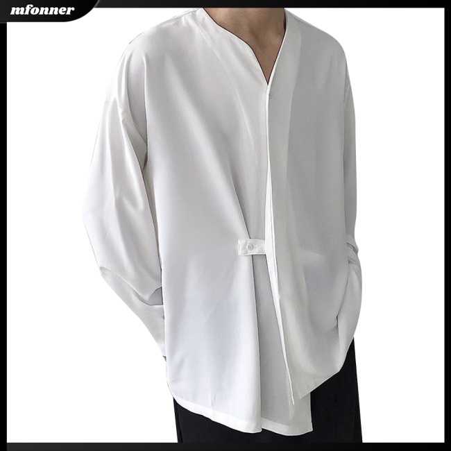 Áo Sơ Mi Tay Dài Dáng Rộng Cổ Chữ V Màu Sắc Đơn Giản Thanh Lịch Cho Nam Giớ