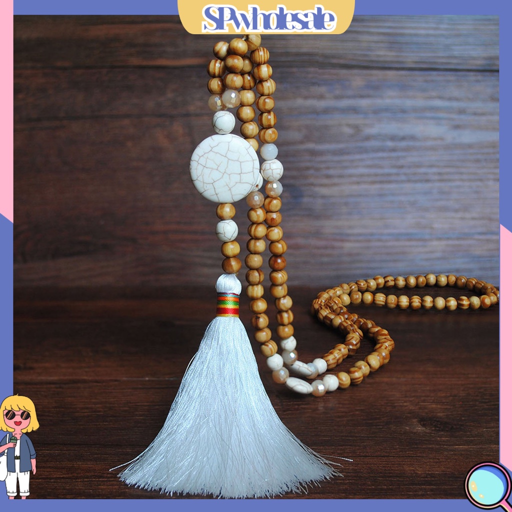 &lt;SPwholesale&gt; Vòng cổ Dáng Dài Đính Ngọc Lam Trắng Phong Cách Bohemian