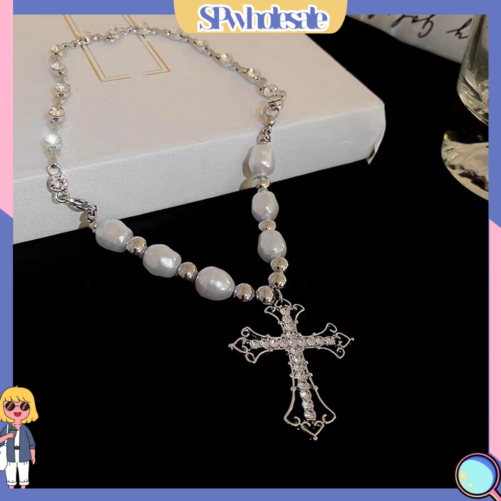 &lt;SPwholesale&gt; Vòng cổ Chuỗi Ngọc Trai Giả Phong Cách Punk Hip Hop Đính Kim Cương Giả Hình Thánh Giá Sáng Bóng Làm Quà Tặng Trang Sức Cho