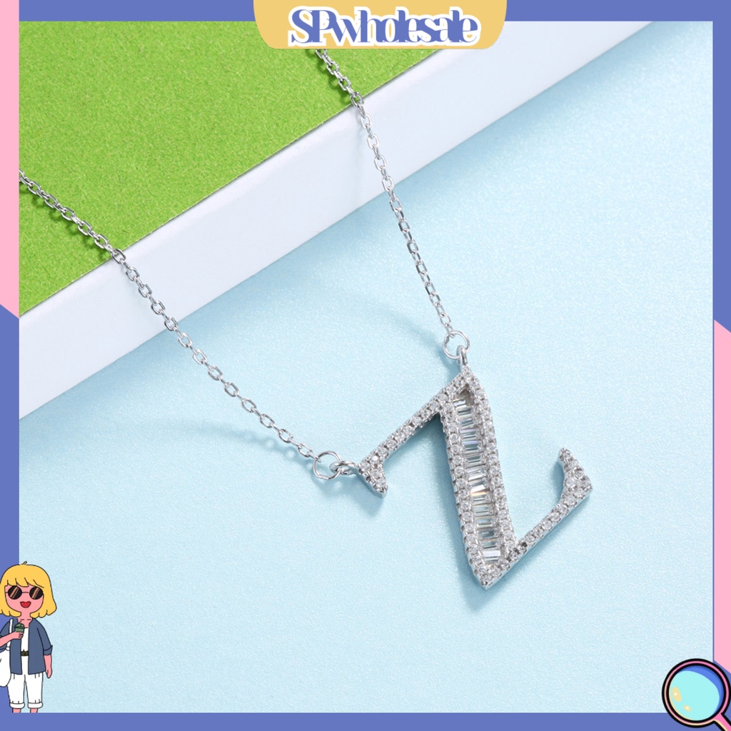&lt;SPwholesale&gt; Vòng cổ Mạ Bạc Mặt Hình Chữ Cái Từ A-Z Đính Đá Zircon Thời Trang Cho Nữ