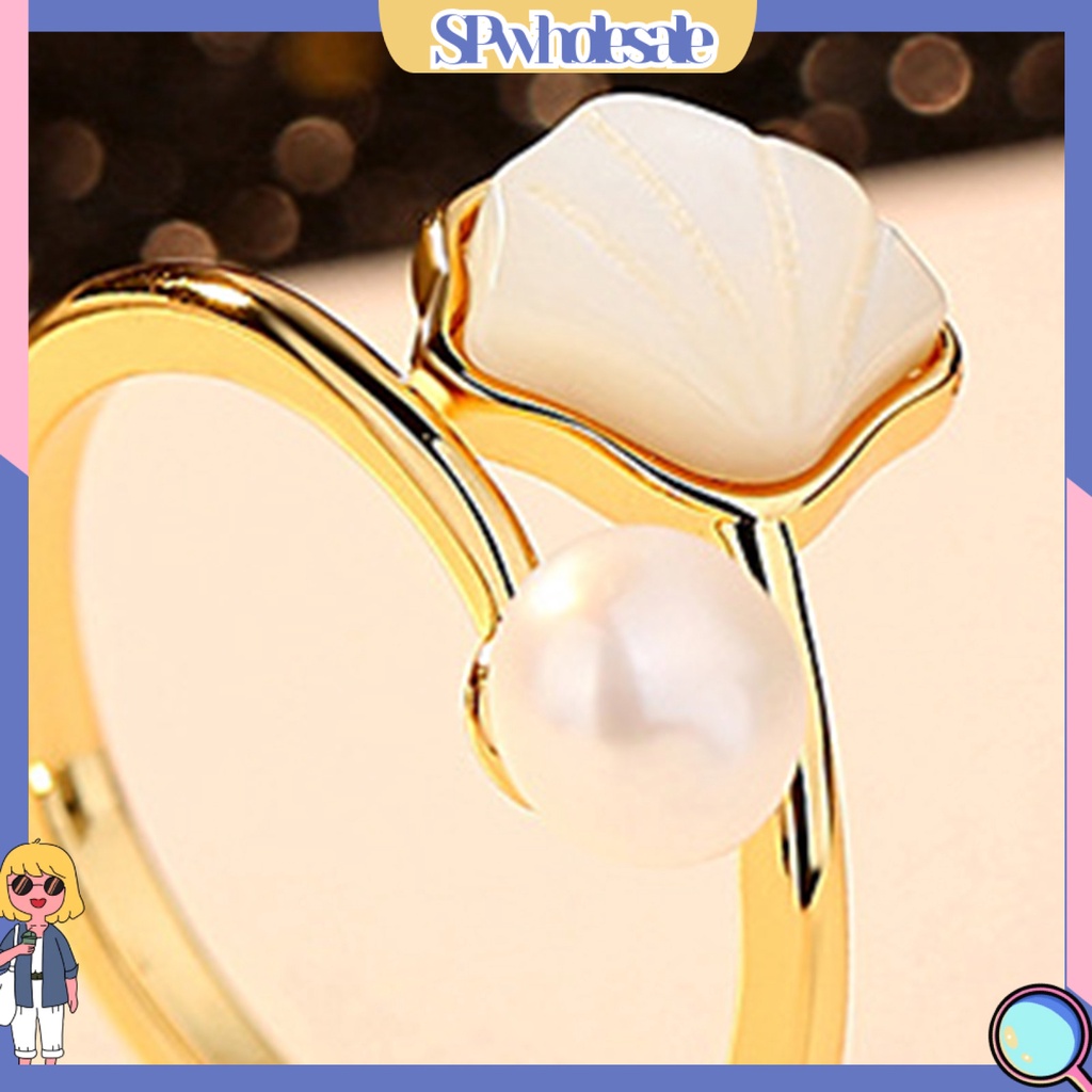 &lt;SPwholesale&gt; Nhẫn Dạng Mở Vỏ Ngọc Trai Nhân Tạo Có Thể Điều Chỉnh Trang Trí Vintage Cho Nữ Dạ Hội