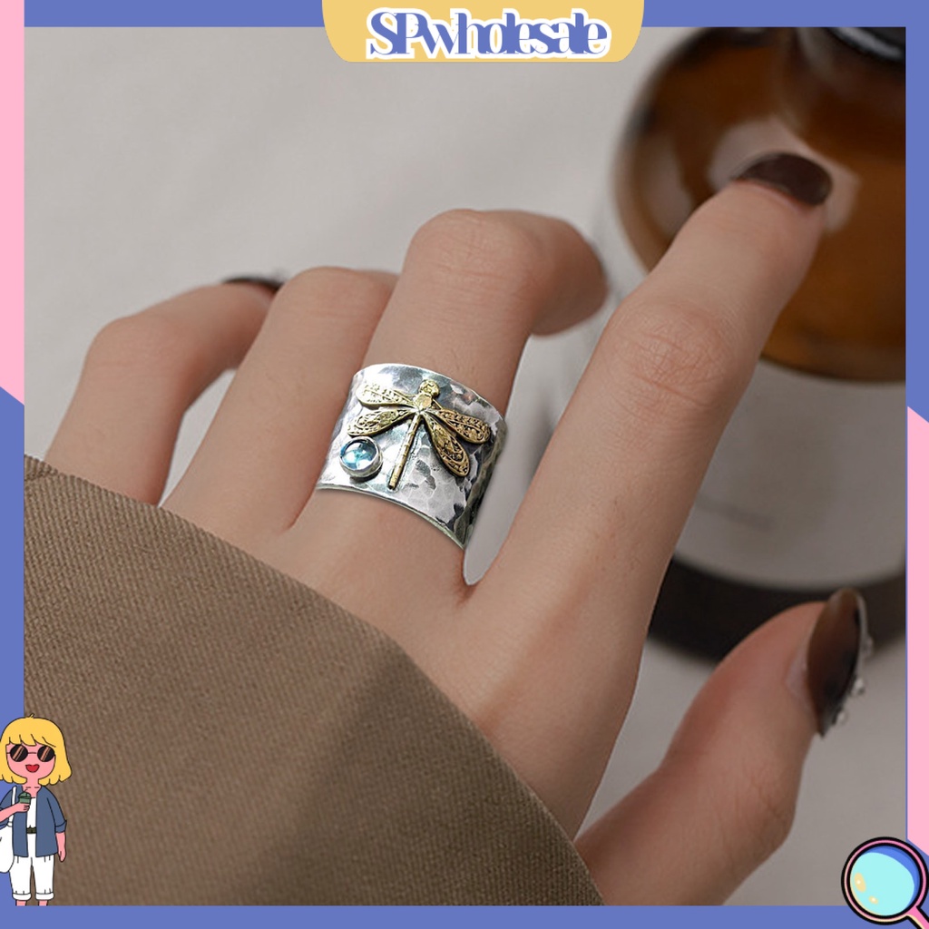 &lt;SPwholesale&gt; Nhẫn Cưới Mạ Điện Hình Chuồn Chuồn Đính Đá Xanh Dương Phong Cách Vintage Cho Nữ