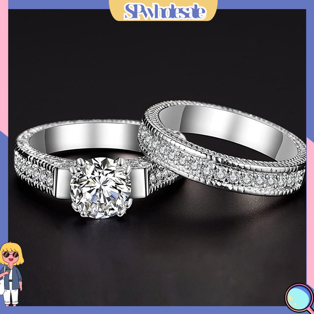 &lt;SPwholesale&gt; Bộ 2 Nhẫn Đính Đá Zircon Lấp Lánh Thời Trang Cho Cặp Đôi