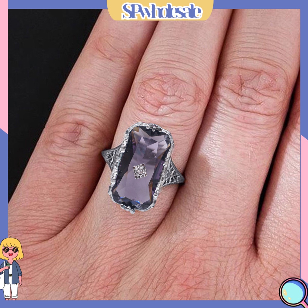 &lt;SPwholesale&gt; Nhẫn Đính Pha Lê Tím Nhân Tạo Chạm Nổi Hình Chữ Nhật Sáng Bóng Họa Tiết Hoa Rỗng Cho Nữ