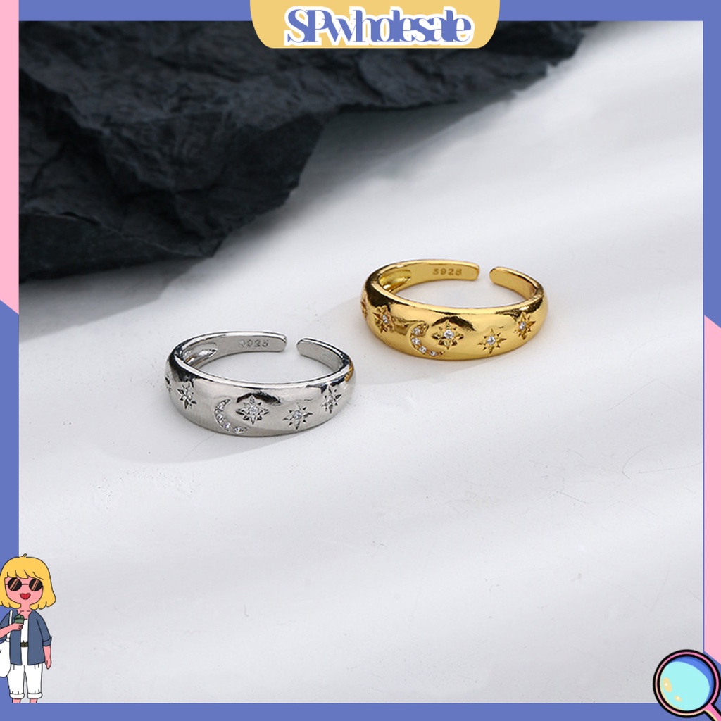 &lt;SPwholesale&gt; Nhẫn Hở Mạ Điện Sáng Bóng Đính Đá Zircon Giả Chạm Khắc Tinh Tế Thời Trang Đơn Giản Kỷ Niệm