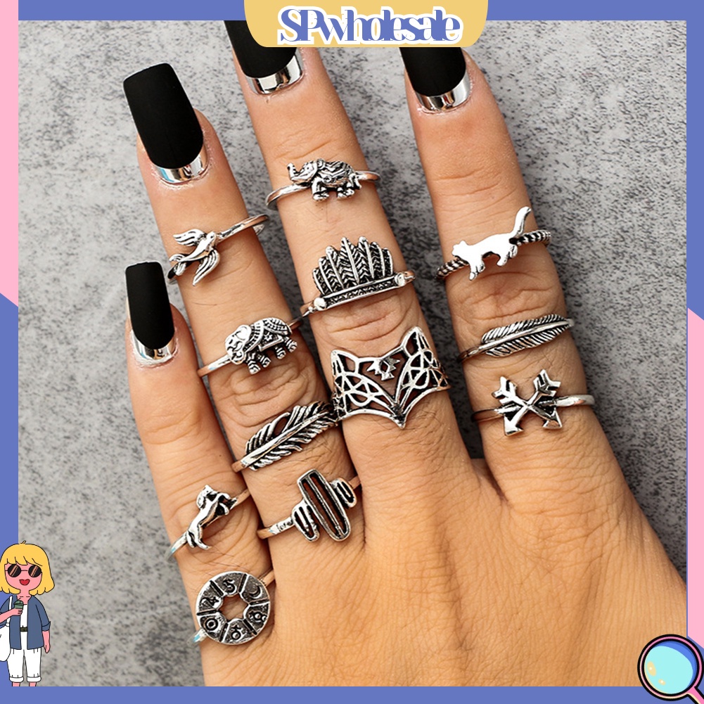 &lt;SPwholesale&gt; Bộ 12 Nhẫn Đeo Đốt Tay Phong Cách Vintage Xinh Xắn