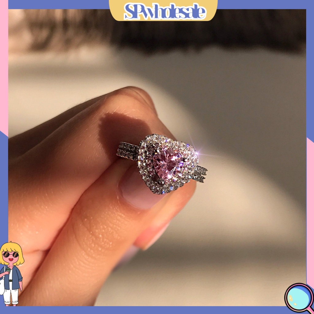 &lt;SPwholesale&gt; Nhẫn Bạch Kim Hình Trái Tim Đính Đá Hồng