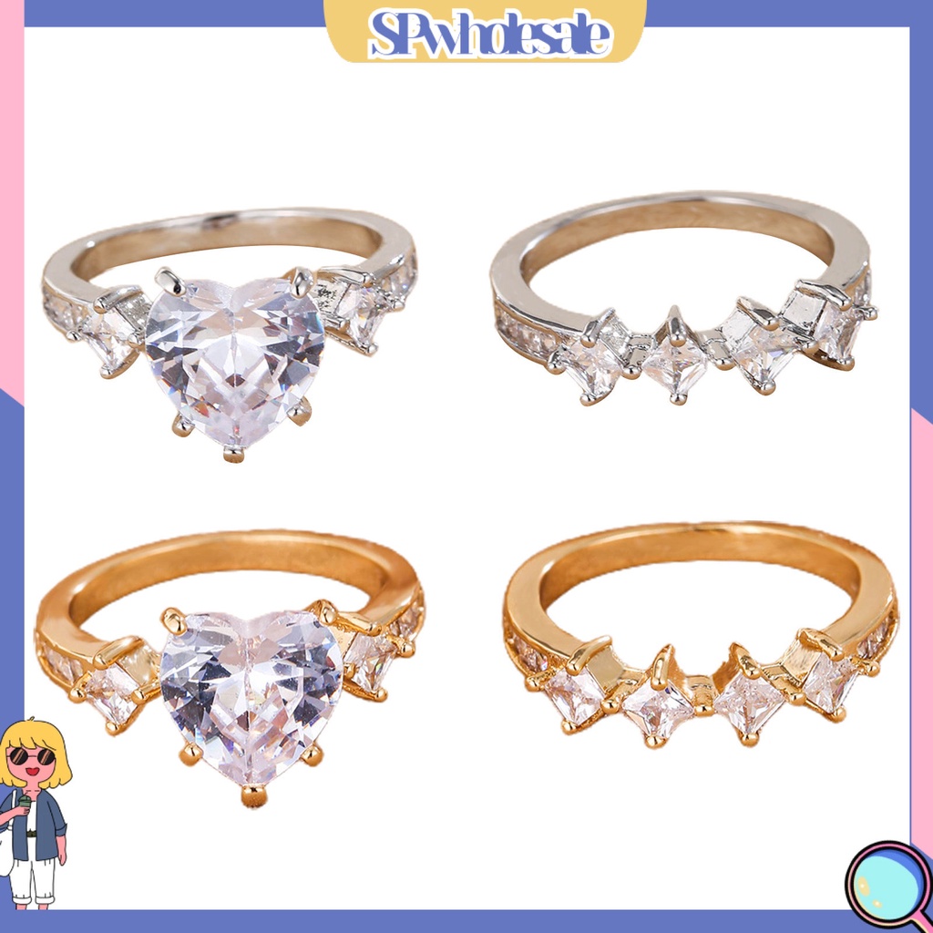 &lt;SPwholesale&gt; Bộ 2 Nhẫn Đính Đá Hình Trái Tim Sang Trọng Cho Nữ