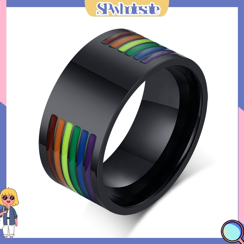 &lt;SPwholesale&gt; Nhẫn Thép Không Gỉ In Chữ Spwholeale Màu Cầu Vồng Thời Trang Cho Nam