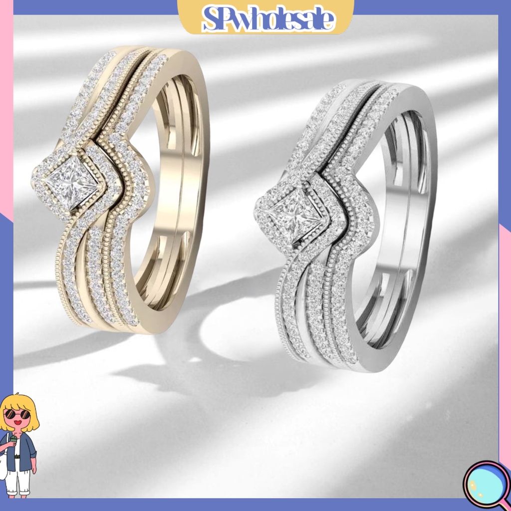 &lt;SPwholesale&gt; Nhẫn Kim Loại Đính Pha Lê Giả Hình Học Thanh Lịch Sáng Bóng Trang Sức Đính Hôn Nữ