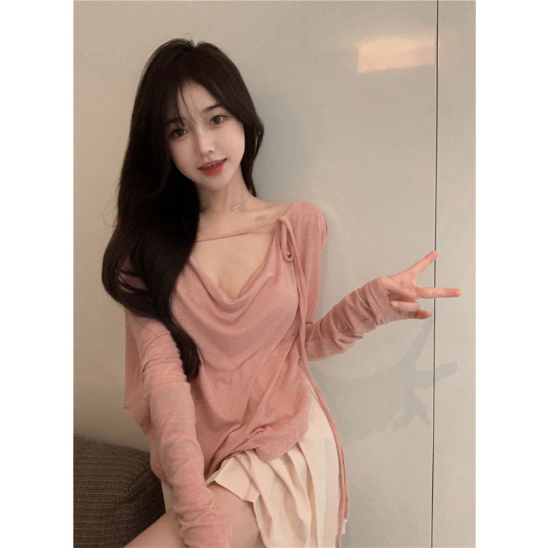 Set Áo Cổ V Dài Tay Thắt Dây + Chân Váy Xếp Li Thời Trang Nữ