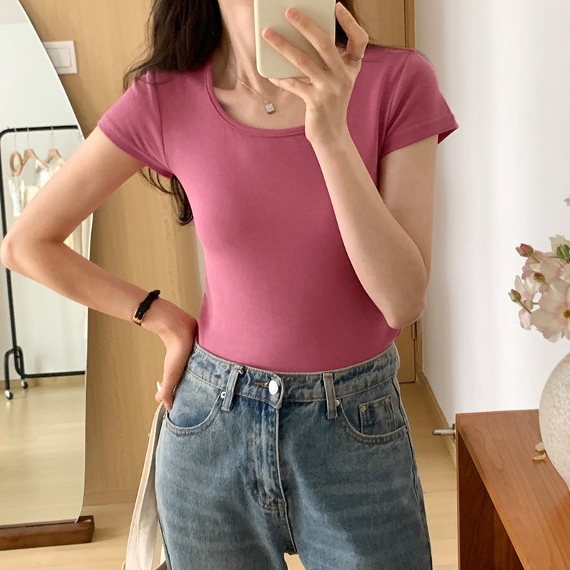 SUXI Áo Thun Croptop Tay Ngắn Cổ Vuông Màu Sắc Đơn Giản Thời Trang Mùa Hè Cho Nữ