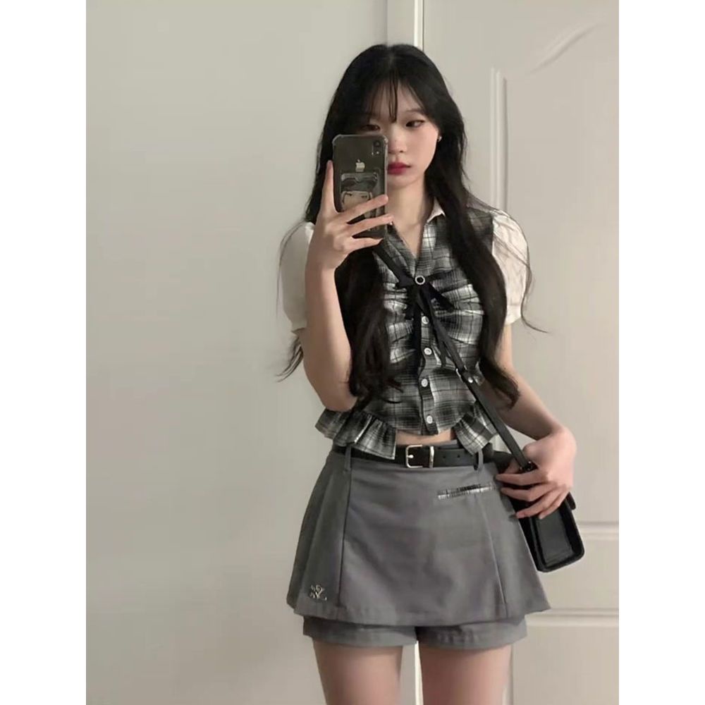 Bộ Áo Tay Ngắn Và Quần Culottes Phong Cách Retro Phương Tây Thời Trang Xuân Hè 2023