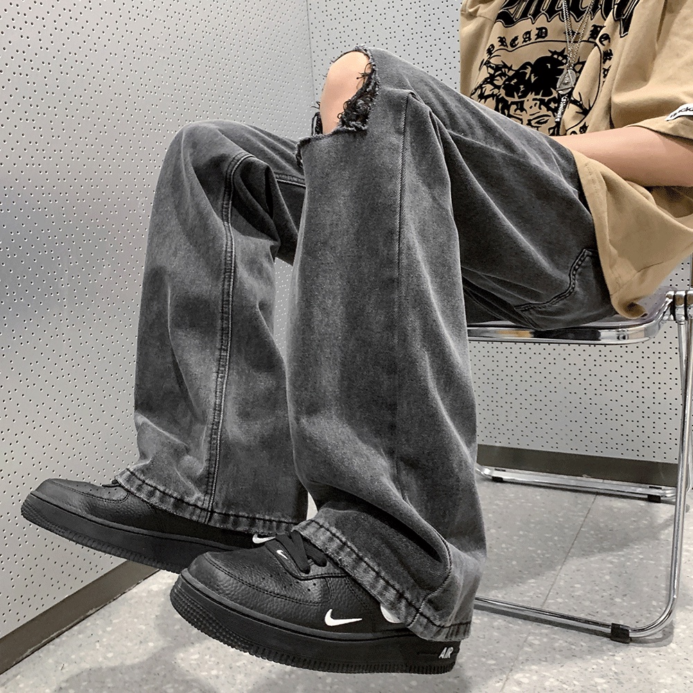 Quần Jean Đen Ống Rộng Rách Gối Phong Cách Hàn Quốc Trẻ Trung Dành Cho Nam Nữ