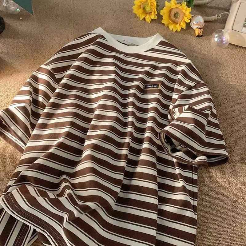 Áo Thun Ngắn Tay Cổ Tròn Họa Tiết Kẻ Sọc Thời Trang Mùa Hè Mới Cho Nam