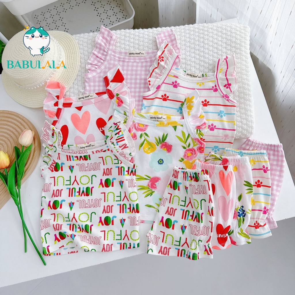 Đồ Bộ Bé Gái Ba Lỗ Tay Bèo Cotton Borip Minky Mom Chính Hãng Hoa Nhí Trái Tim Họa Tiết Cute Cho Bé 8-20kg - Babulala