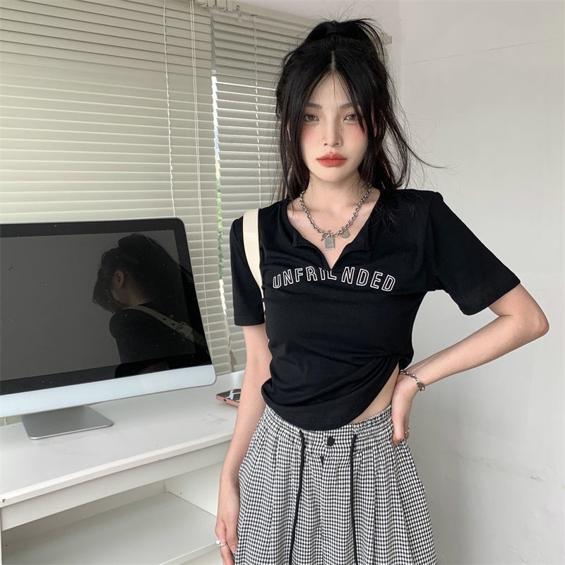 COZOKC Áo Thun Tay Ngắn Cổ Chữ V In Chữ Phong Cách Vintage